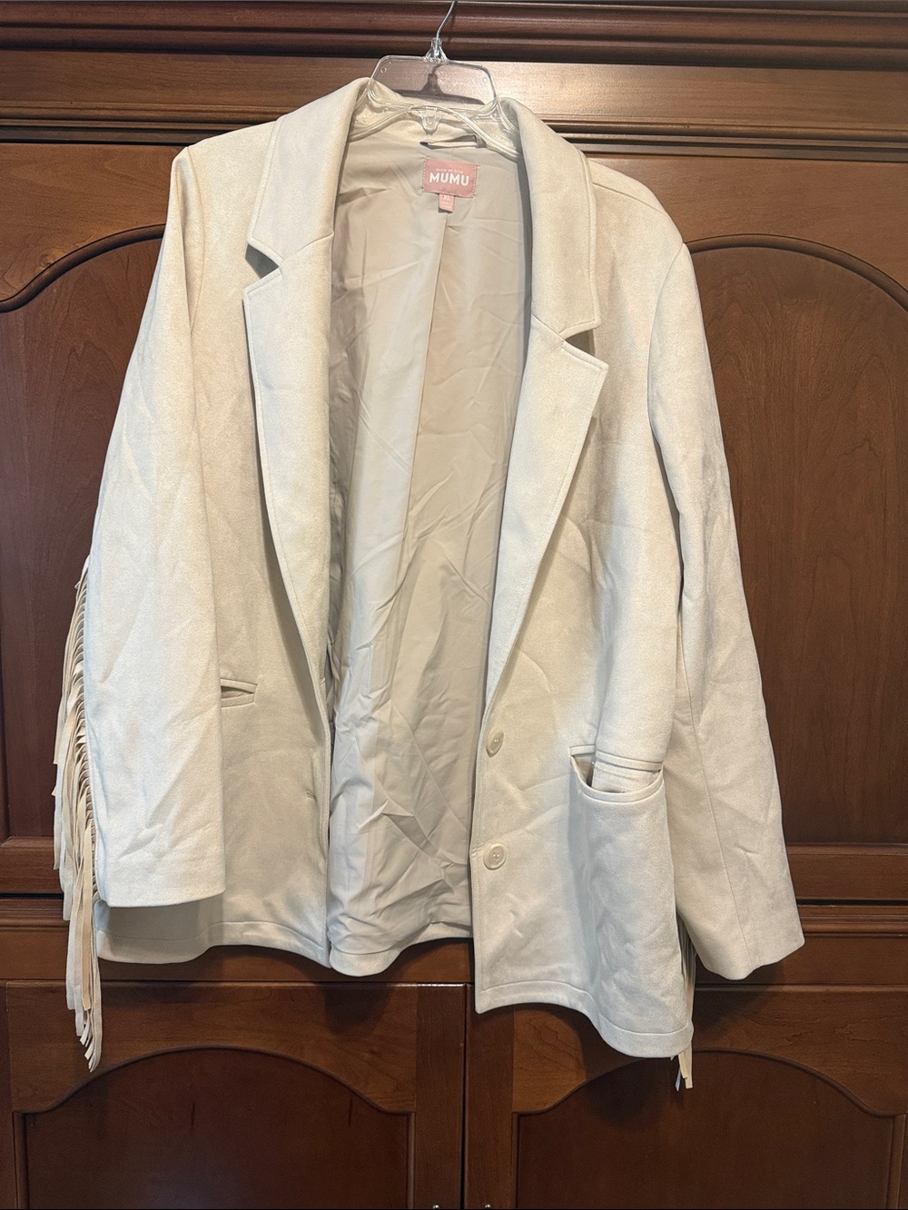 Show me your Mumu Women's Cream Fringe-Trim Blazer Jacket